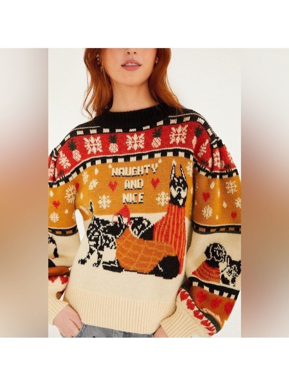Farm Rio Multicolor Naughty And Nice Puff Sleeve Knit Sweater